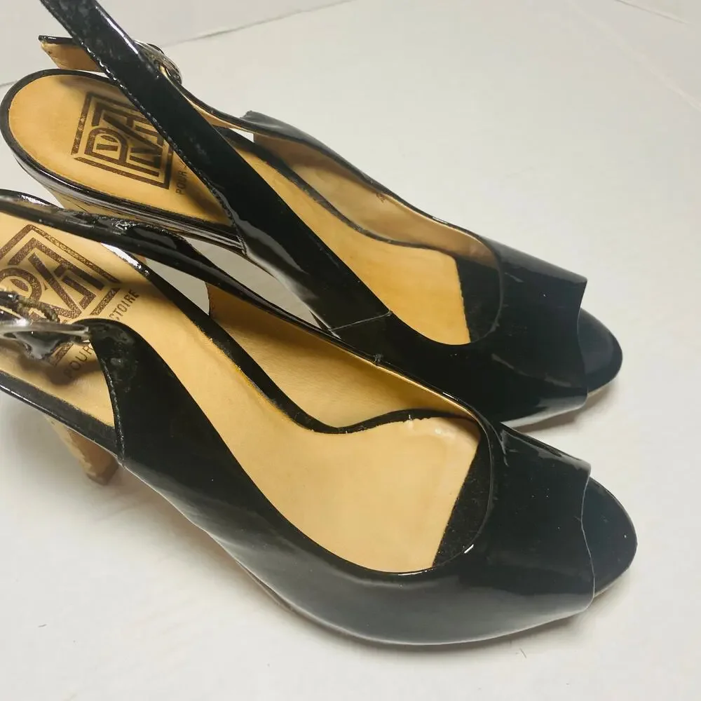 Pour La Victoire Black Patent Leather Peep Toe High Heel Slingback Pumps Sz 8
